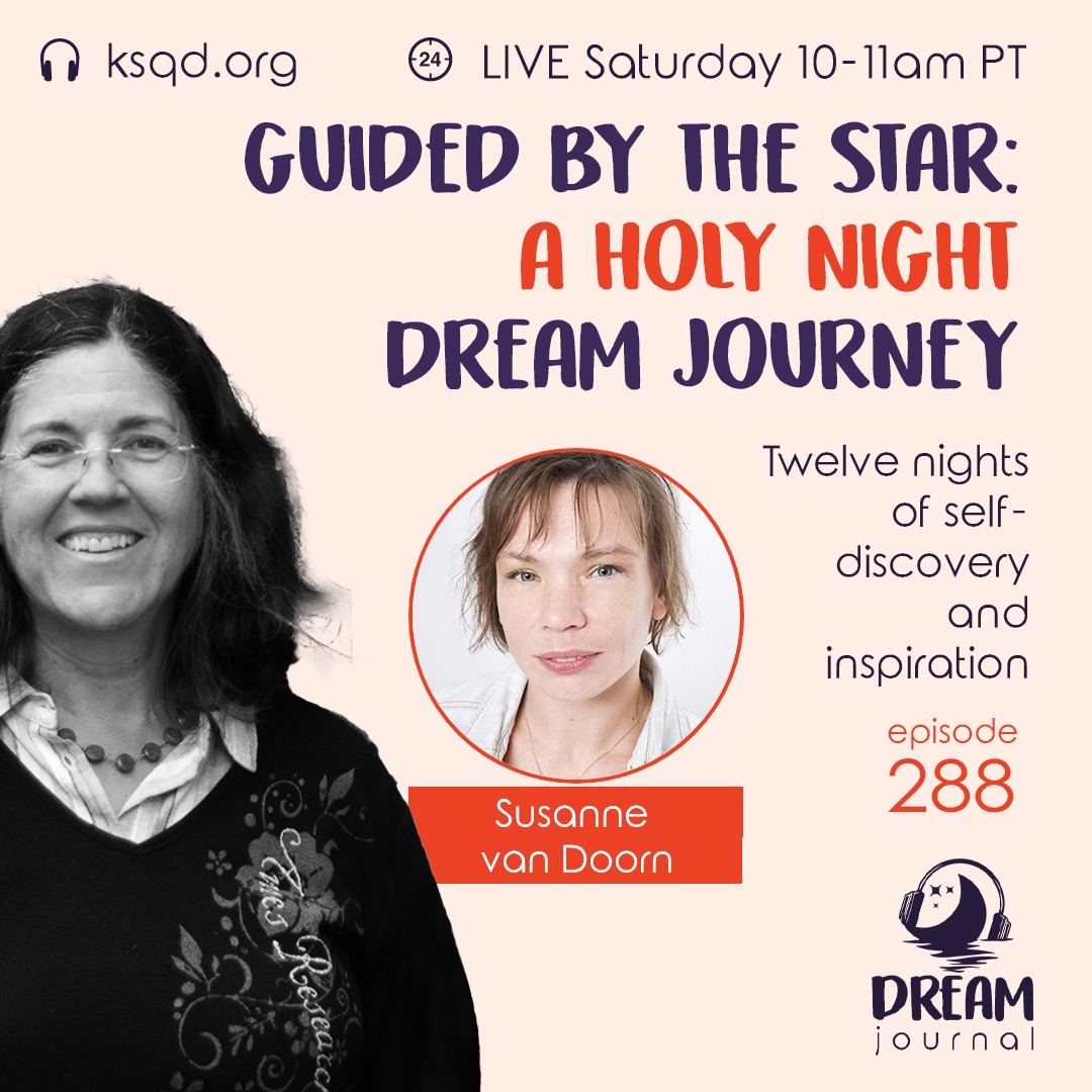 Podcast banner for The Dream Journal featuring a crescent moon and headphones with the title 'Holy Night Dreams' and guest Susanne van Doorn.